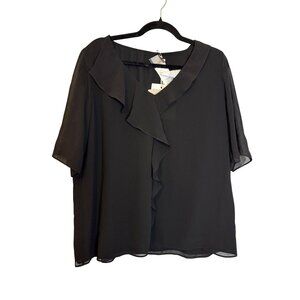 NWT Marina Rinaldi Persona Black Short Sleeve Ruffle Blouse Size US 14 $250 [jb]